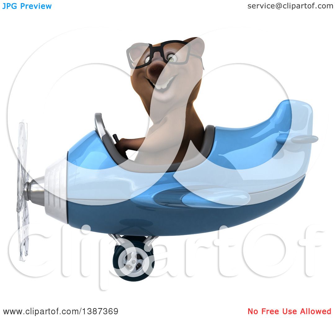 Clipart of a 3d Brown Bear Flying an Airplane, on a White Background