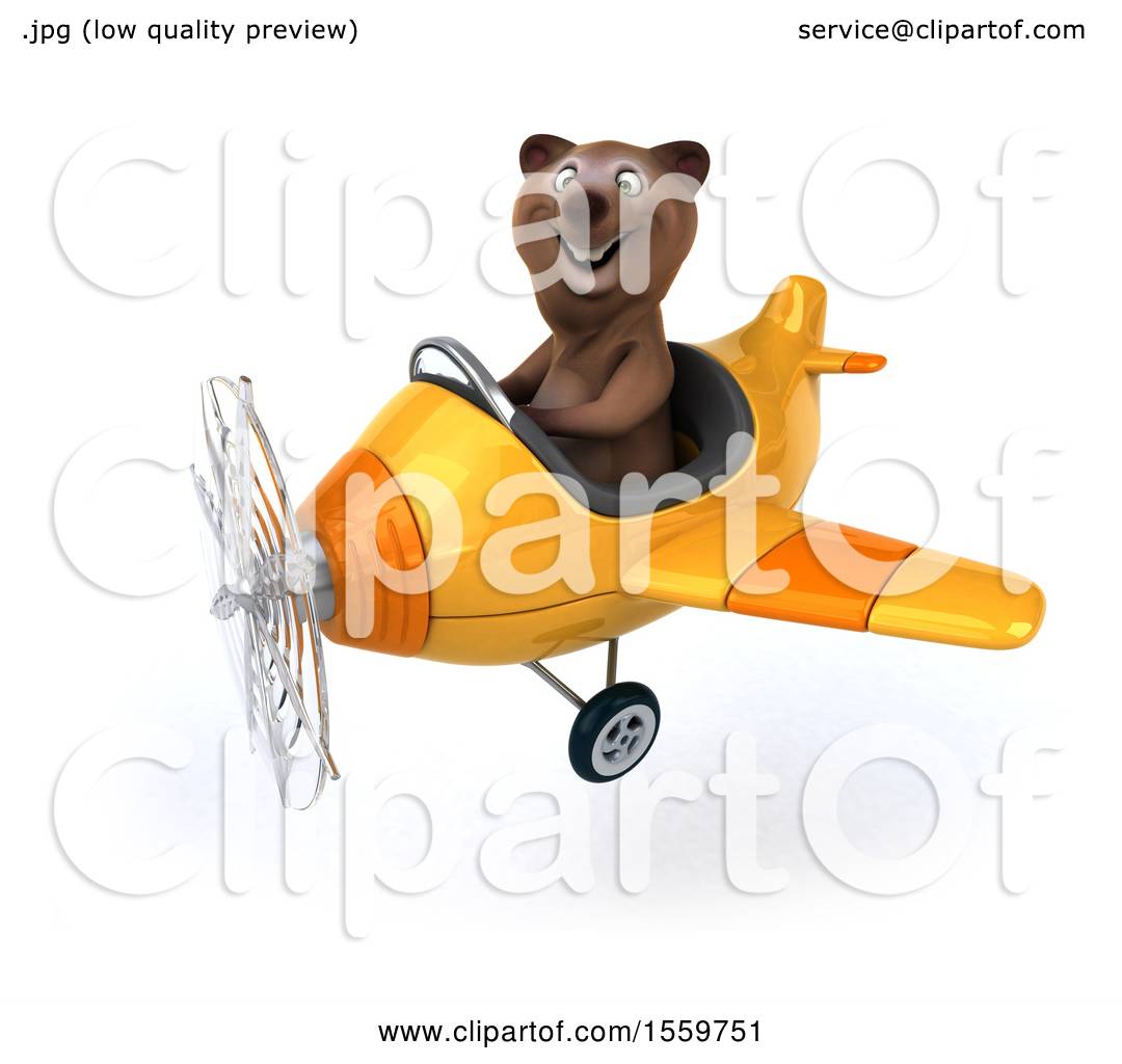 Clipart of a 3d Brown Bear Flying an Airplane, on a White Background