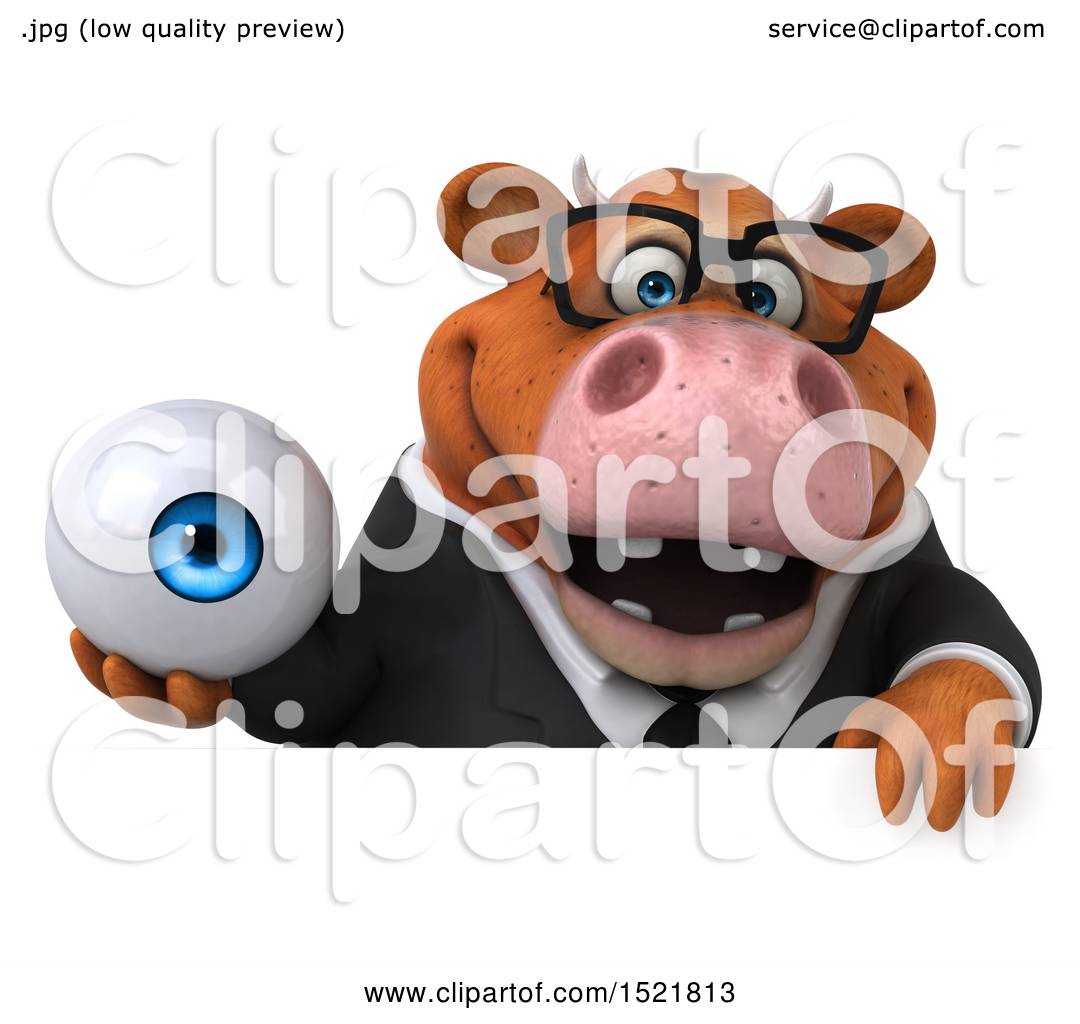 Clipart of a 3d Brown Business Cow Holding an Eye, on a White