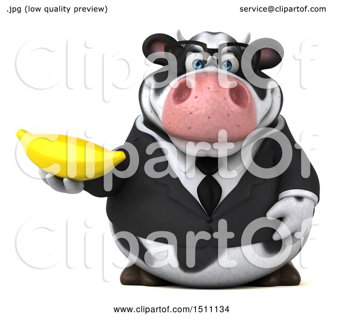 Clipart of a 3d Business Holstein Cow Holding a Banana, on a White