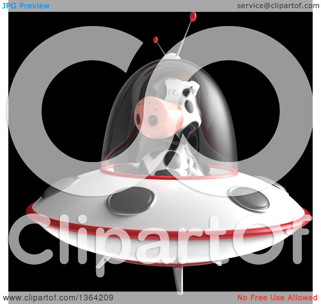 Clipart of a 3d Cow Flying a Ufo, on a Black Background - Royalty Free