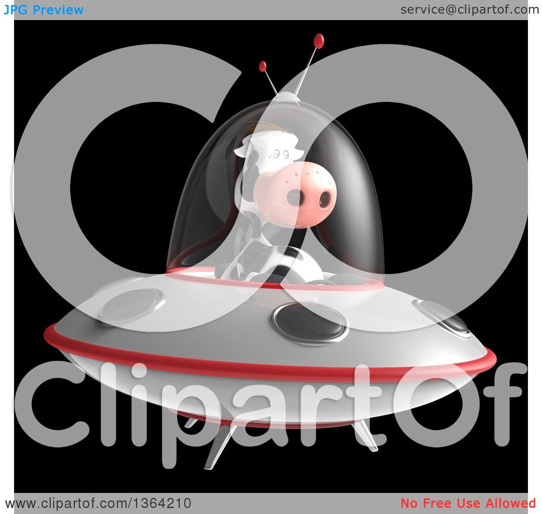 Clipart of a 3d Cow Flying a Ufo, on a Black Background - Royalty Free