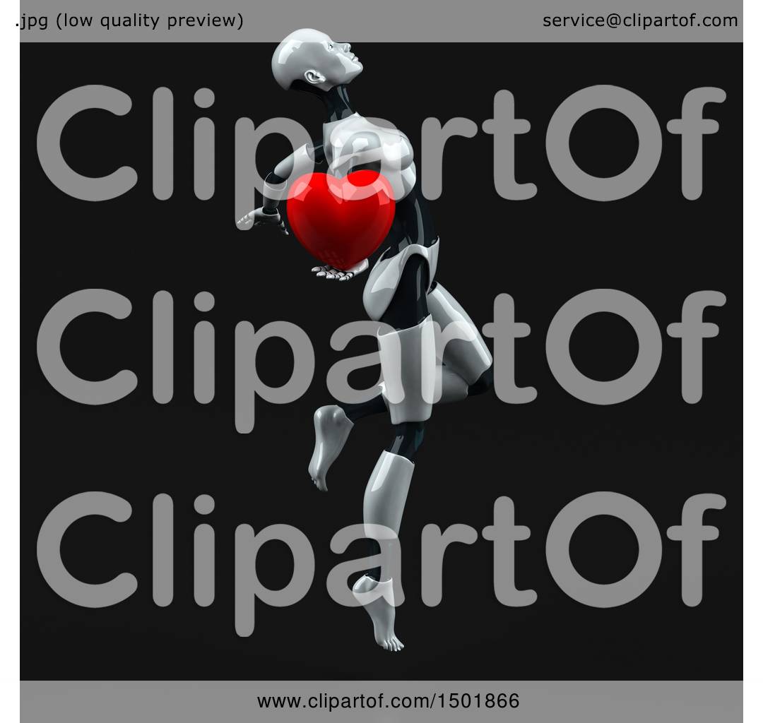 Clipart of a 3d Female Robot Holding a Heart, on a Black Background