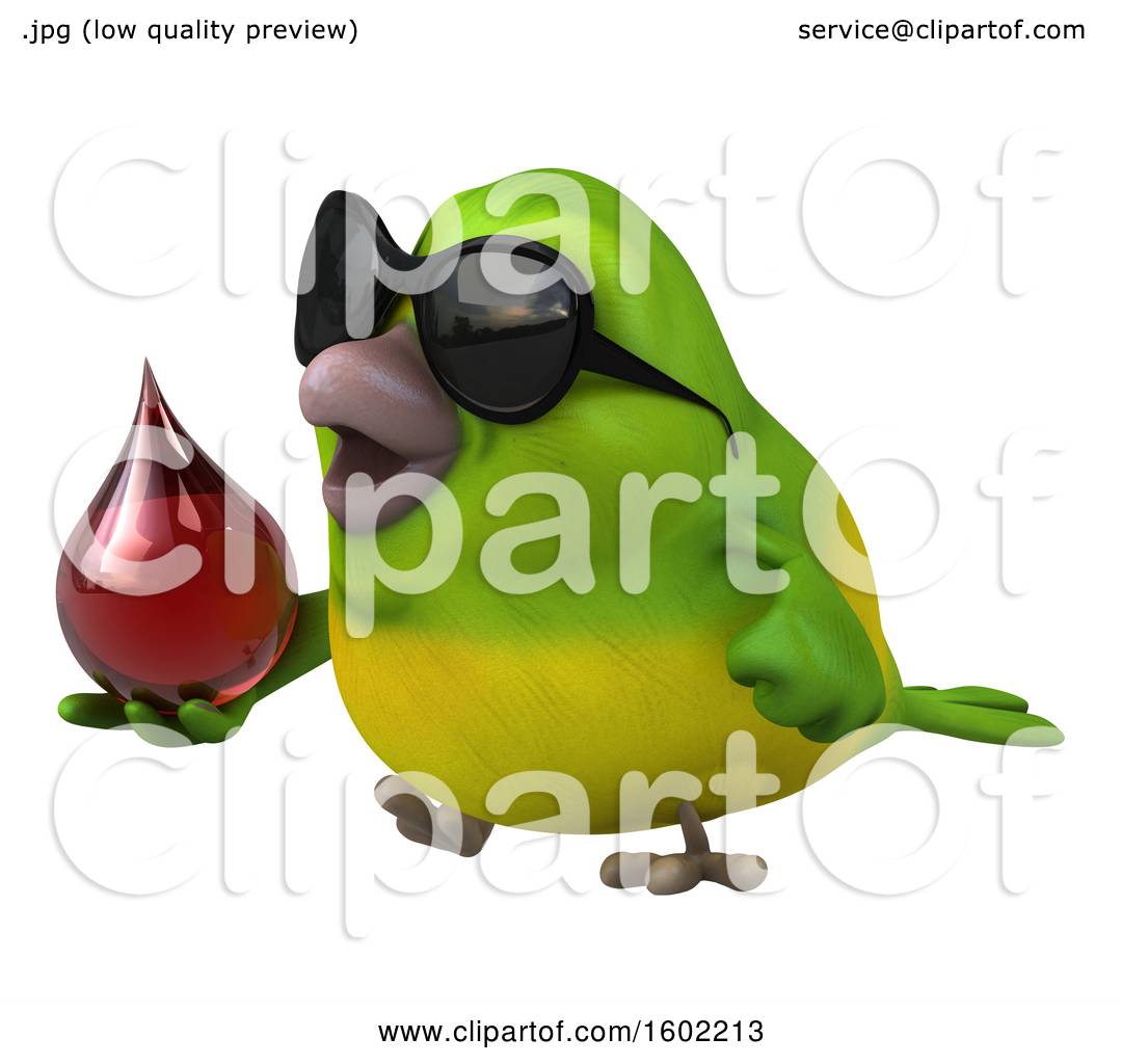 Clipart of a 3d Green Bird Holding a Blood Drop, on a White Background