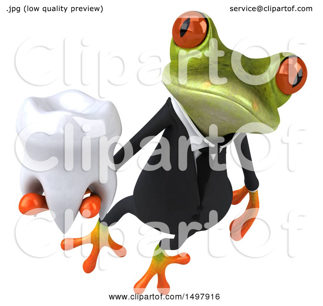 Clipart of a 3d Green Business Frog Holding a Tooth, on a White ...