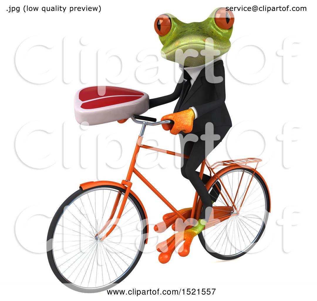 Clipart of a 3d Green Business Frog Riding a Bike and Holding a Steak ...