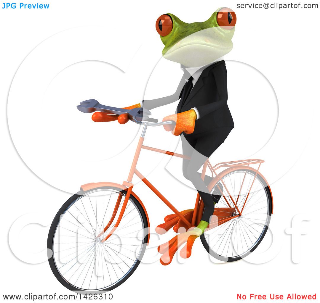 Clipart of a 3d Green Business Springer Frog Riding a Bicycle, on a ...
