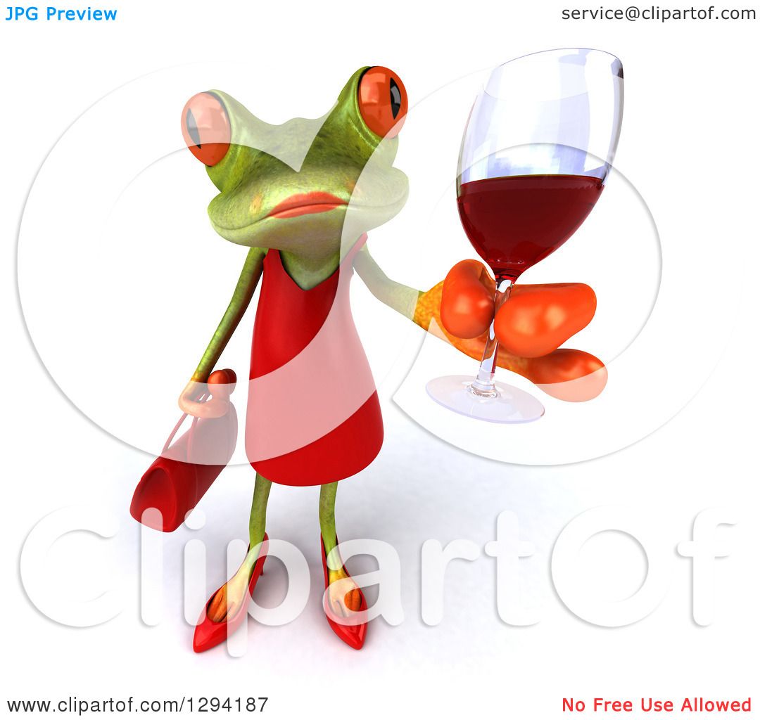 Clipart of a 3d Green Female Springer Frog Holding up a Glass of Red ...