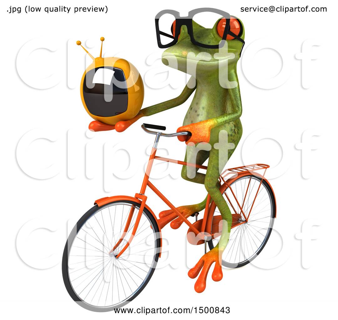 Clipart of a 3d Green Frog Holding a Tv and Riding a Bike, on a White ...