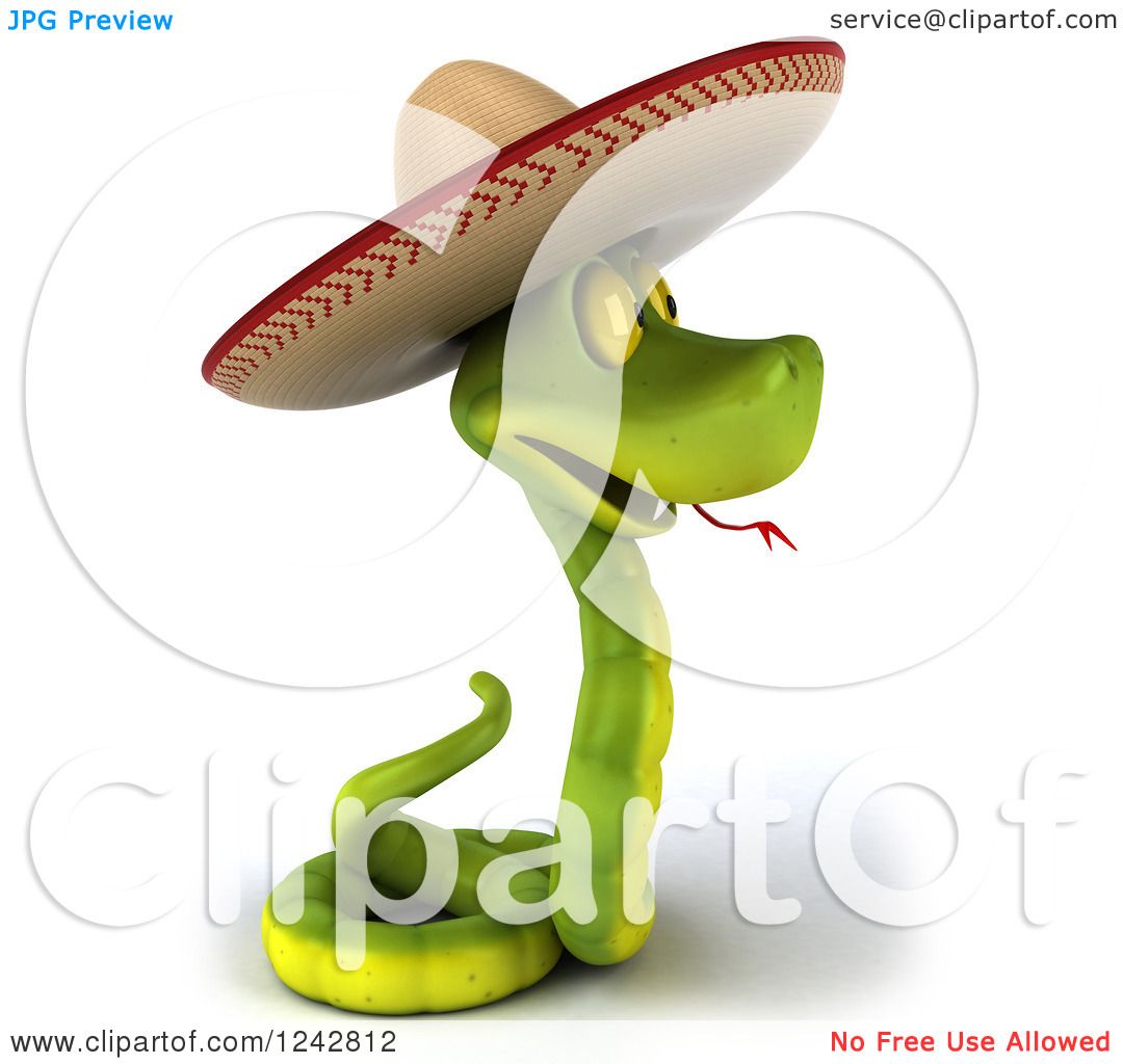 Clipart of a 3d Green Mexican Snake Wearing a Sombrero Hat 7 - Royalty ...