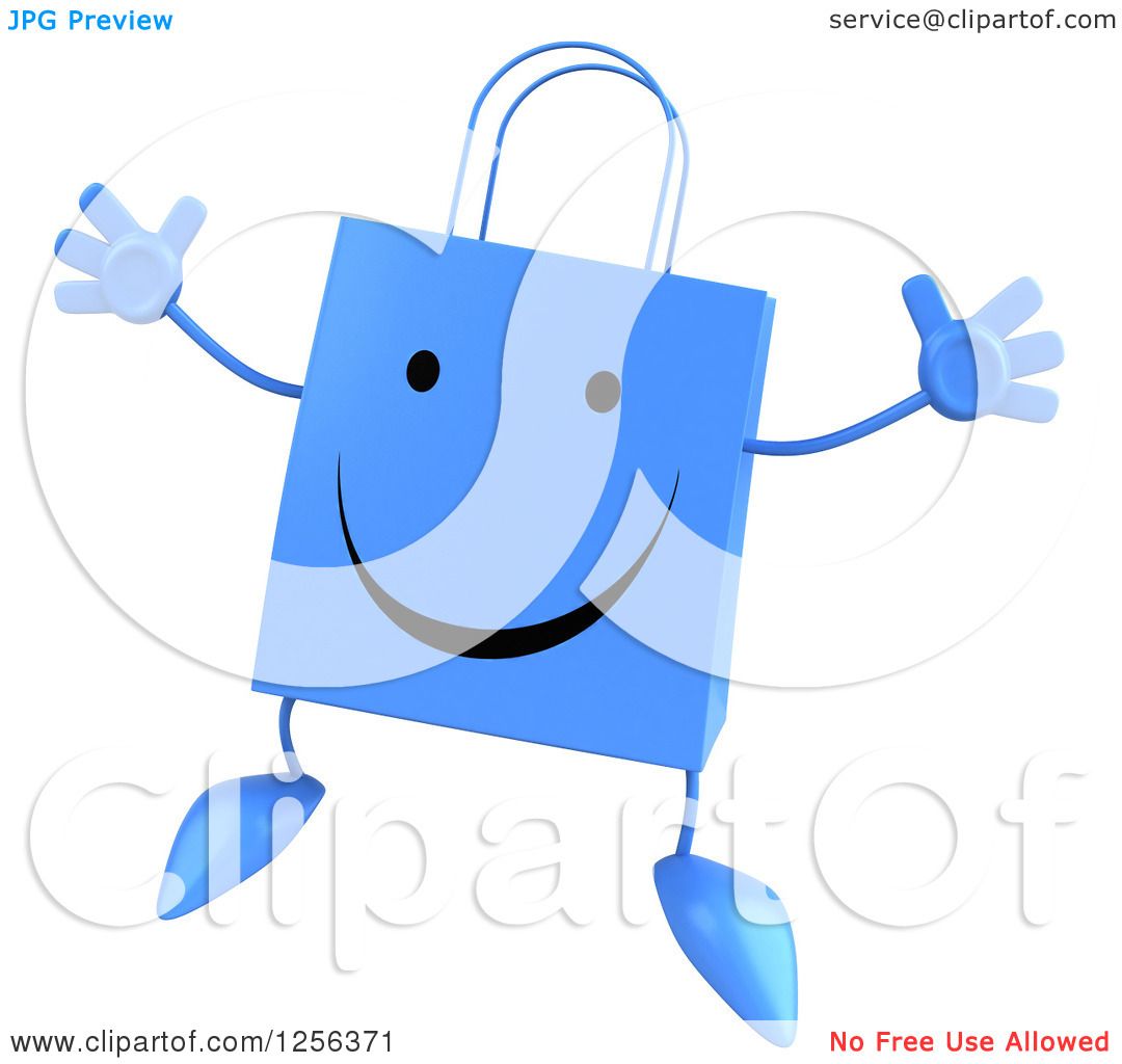 Clipart of a 3d Happy Blue Shopping Bag Character Jumping - Royalty