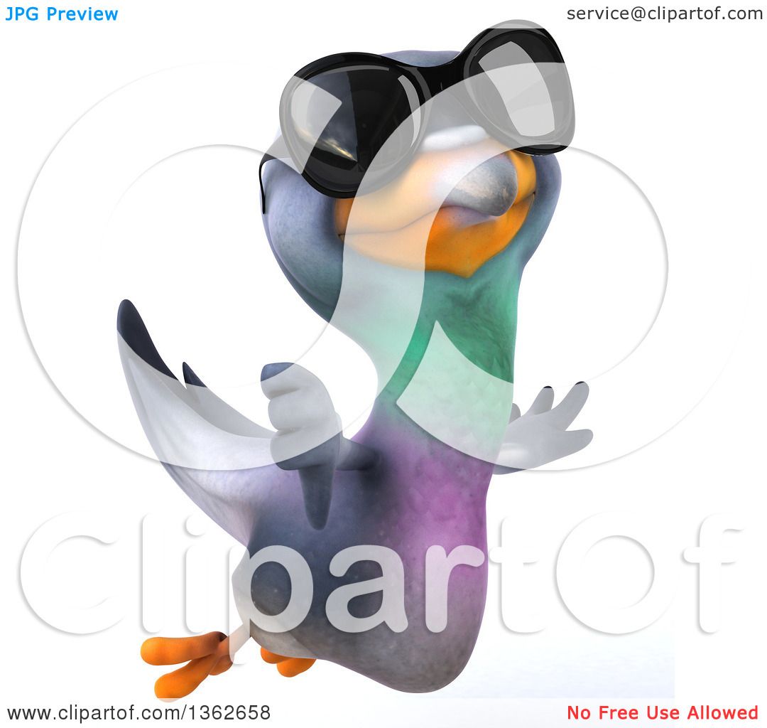 Clipart of a 3d Pigeon Wearing Sunglasses, Flying and Giving a Thumb