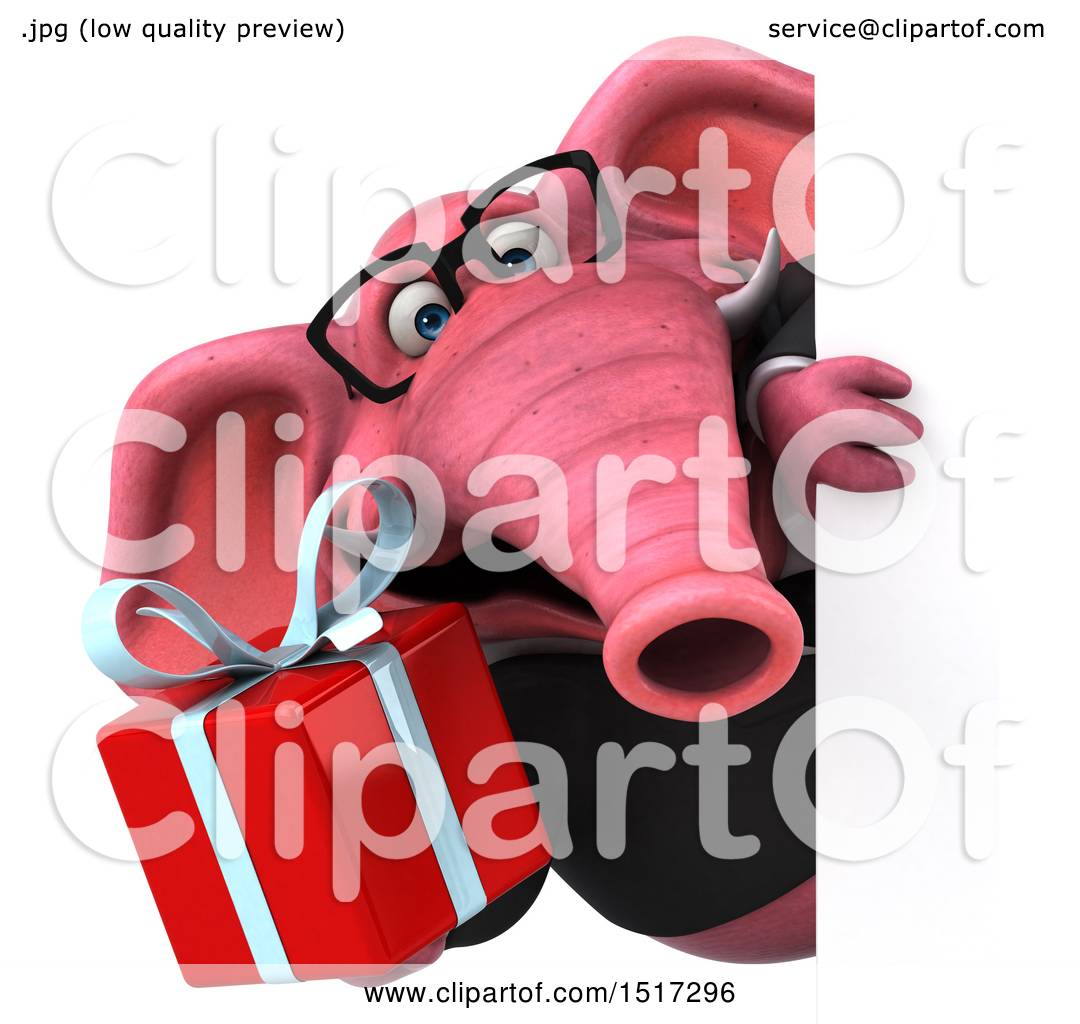 Clipart of a 3d Pink Business Elephant Holding a Gift, on ...