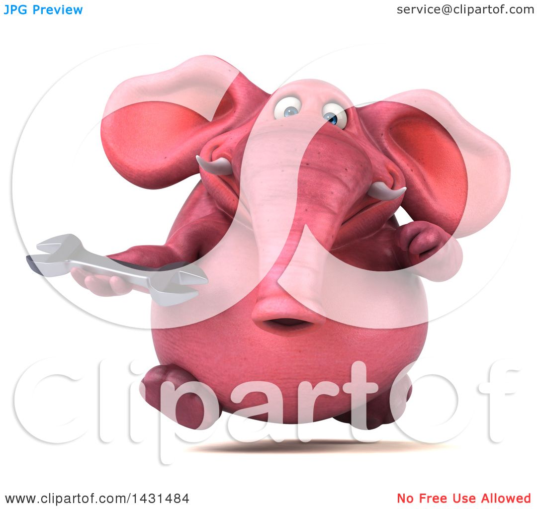 Clipart of a 3d Pink Elephant Holding a Wrench, on a White ...