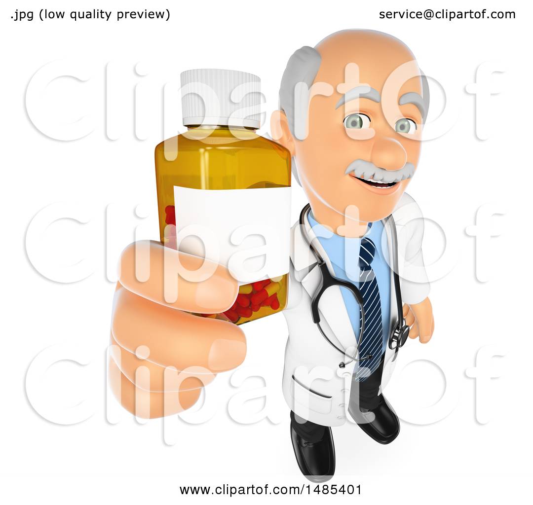 Clipart of a 3d Senior Male Doctor Holding up a Pill Bottle, on a White ...