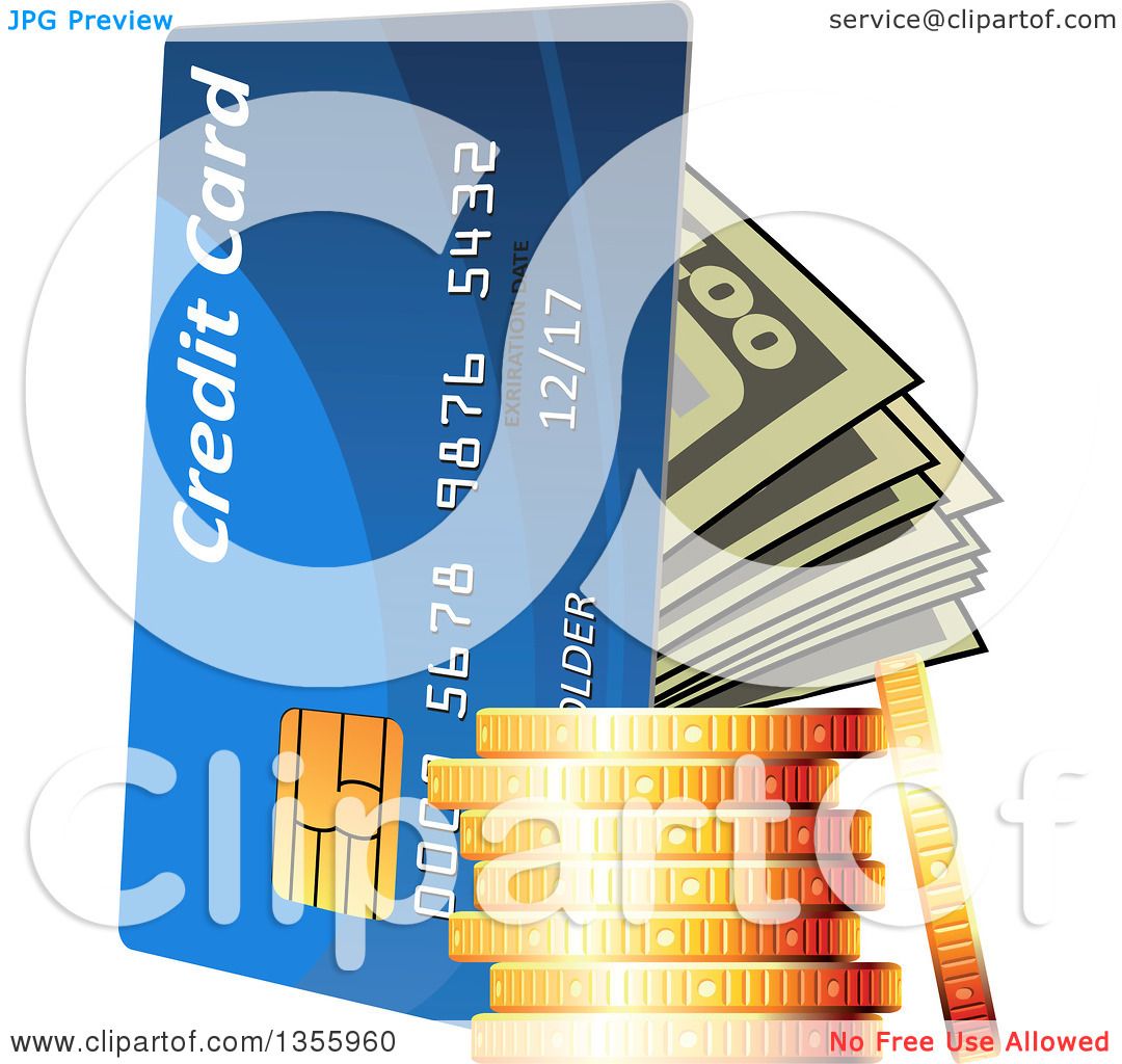 Clipart of a 3d Stack of Gold Coins, Cash Money and a Credit Card ...