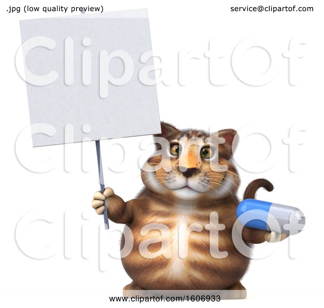 Clipart of a 3d Tabby Kitty Cat Holding a Pill, on a White ...