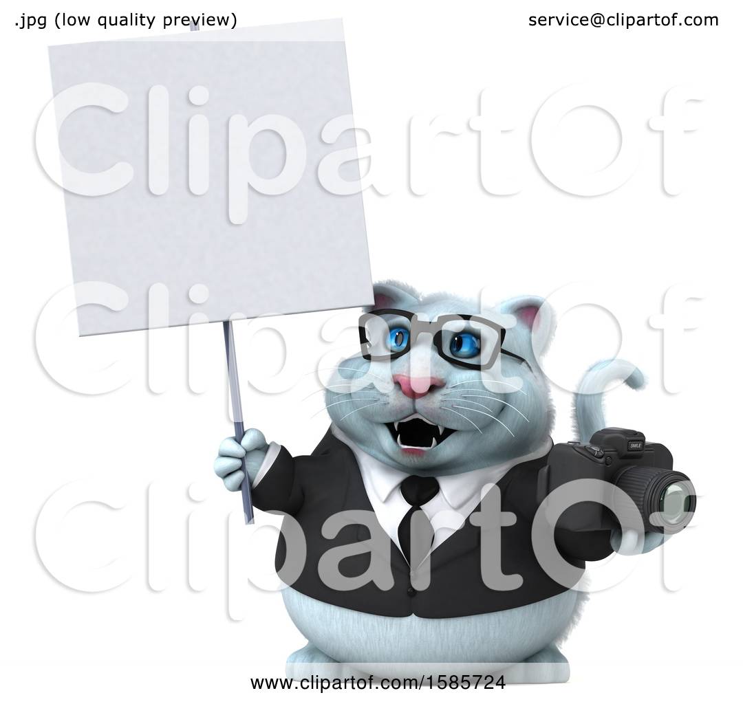 Clipart of a 3d  White Business Kitty Cat  Holding a Camera  