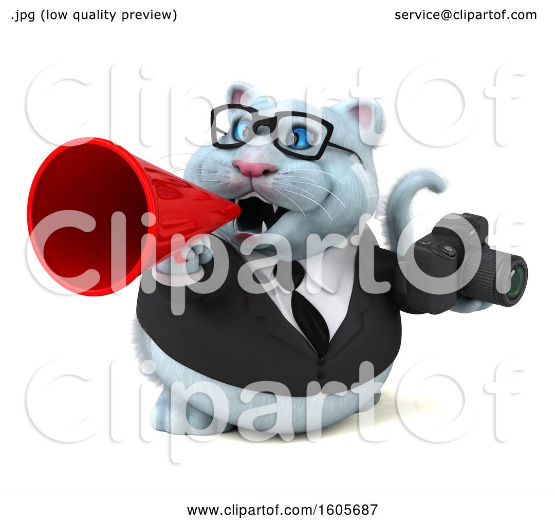 Clipart of a 3d  White Business Kitty Cat  Holding a Camera  