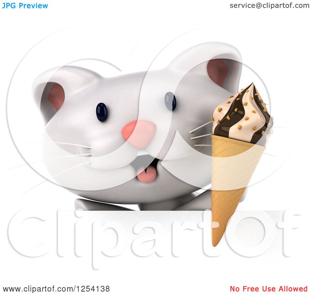 Clipart Of A 3d White Kitten Holding An Ice Cream Cone Over A Sign Royalty Free Illustration