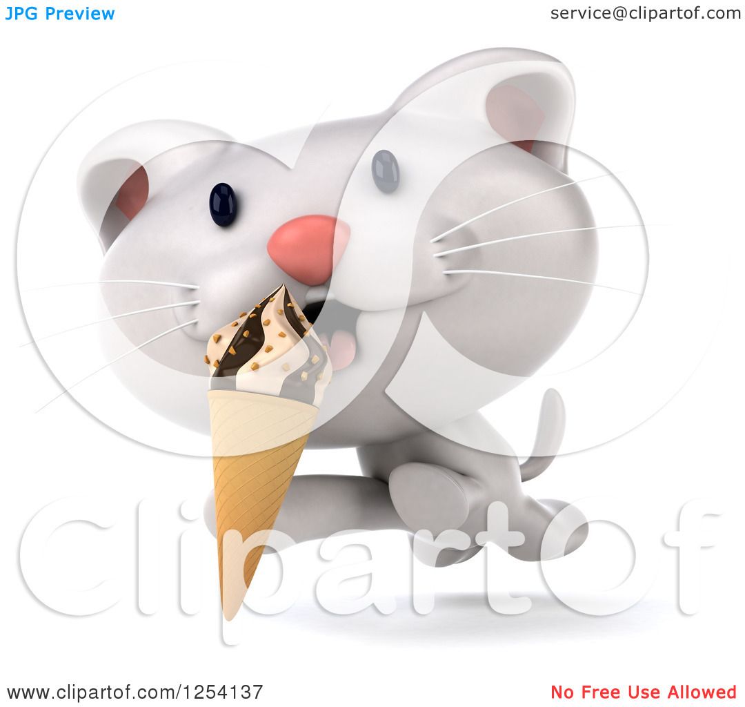 Clipart Of A 3d White Kitten Running And Licking An Ice Cream Cone Royalty Free Illustration