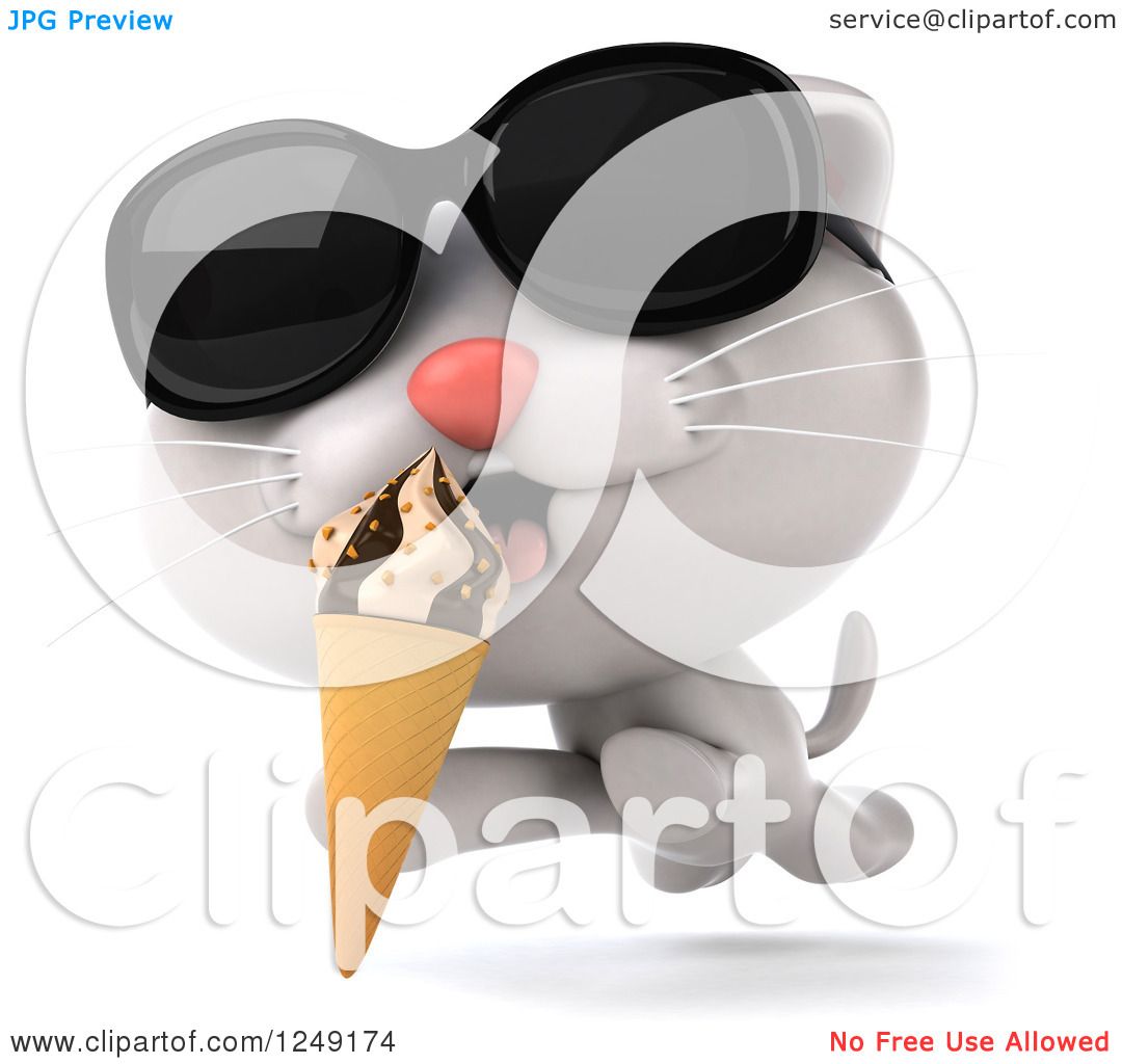 Clipart Of A 3d White Kitten Wearing Shades Running And Eating An Ice Cream Cone Royalty Free