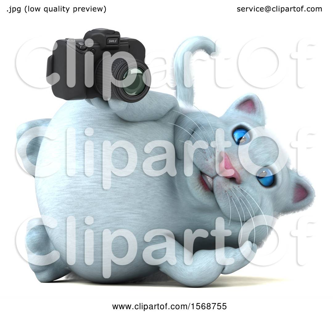 Clipart of a 3d  White Kitty Cat  Holding a Camera  on a 