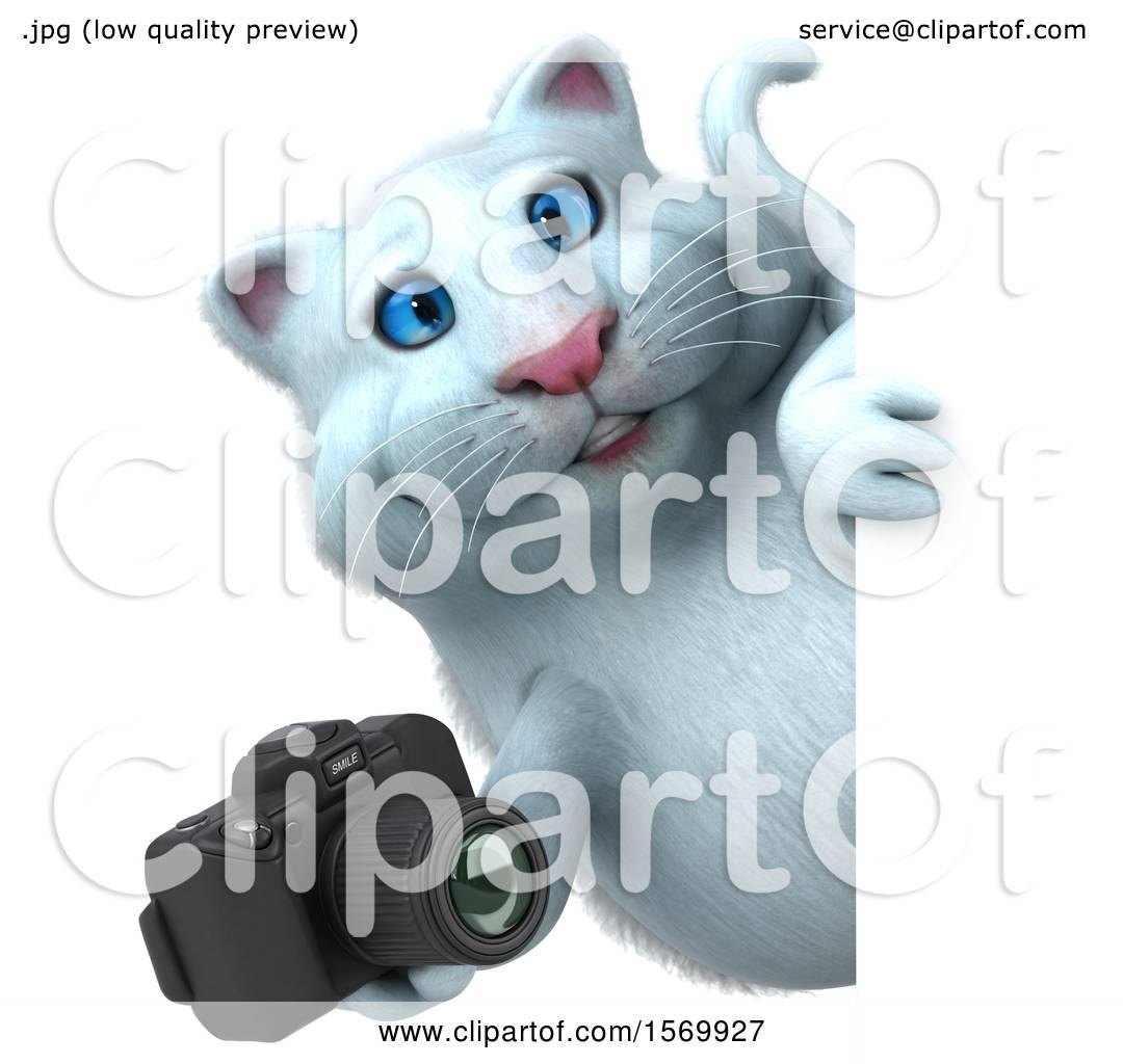 Clipart of a 3d  White Kitty Cat  Holding a Camera  on a 