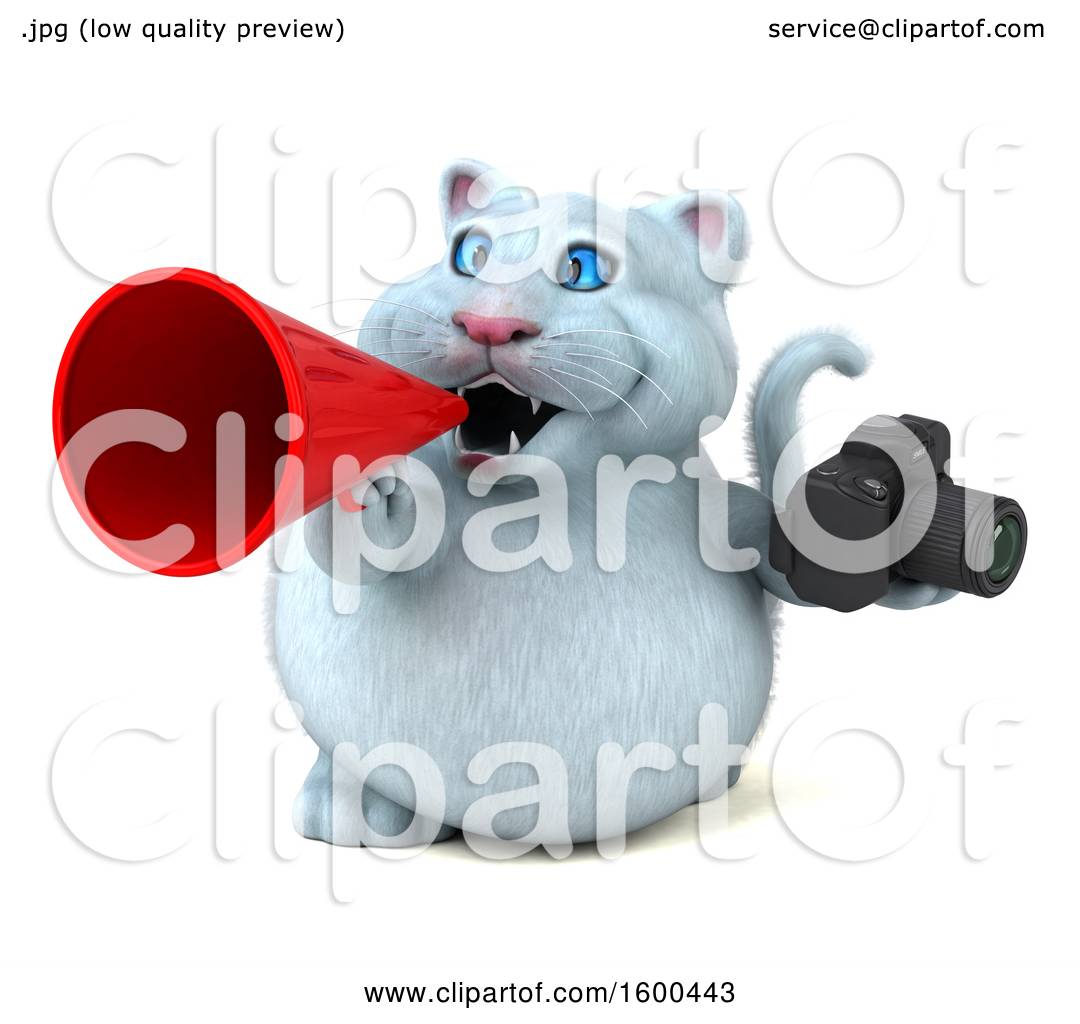 Clipart of a 3d  White Kitty Cat  Holding a Camera  on a 