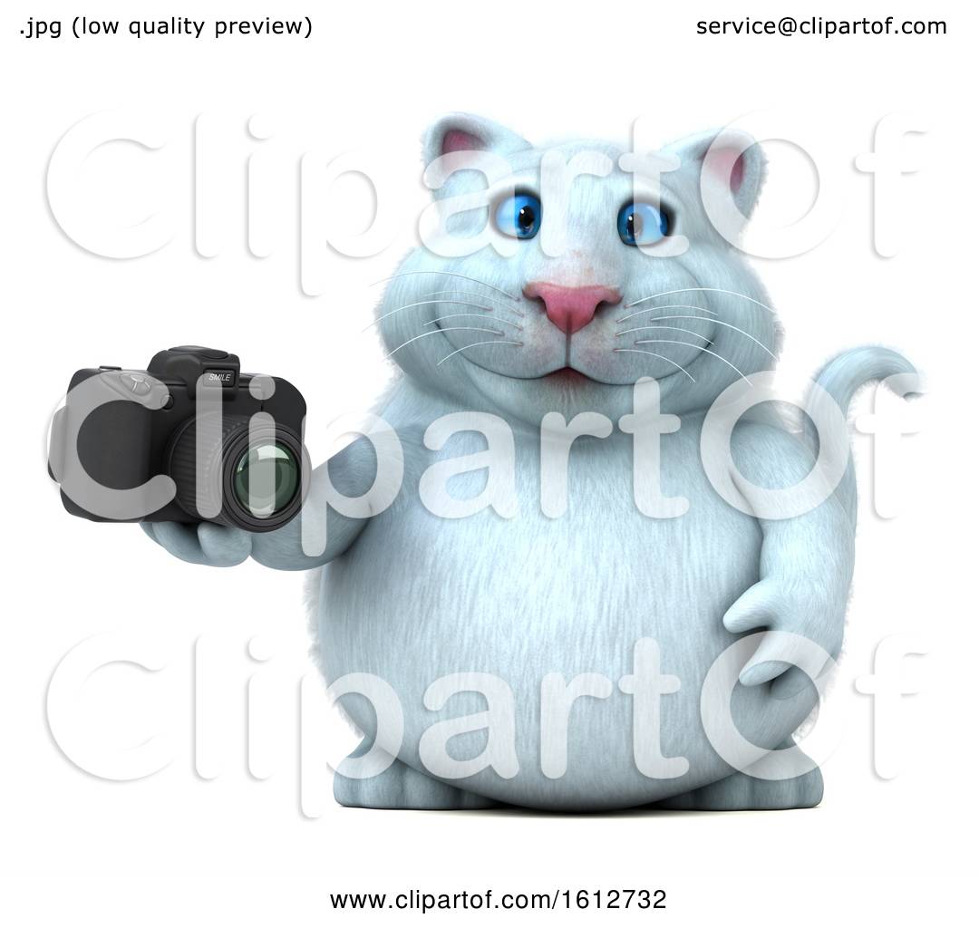 Clipart of a 3d  White Kitty Cat  Holding a Camera  on a 