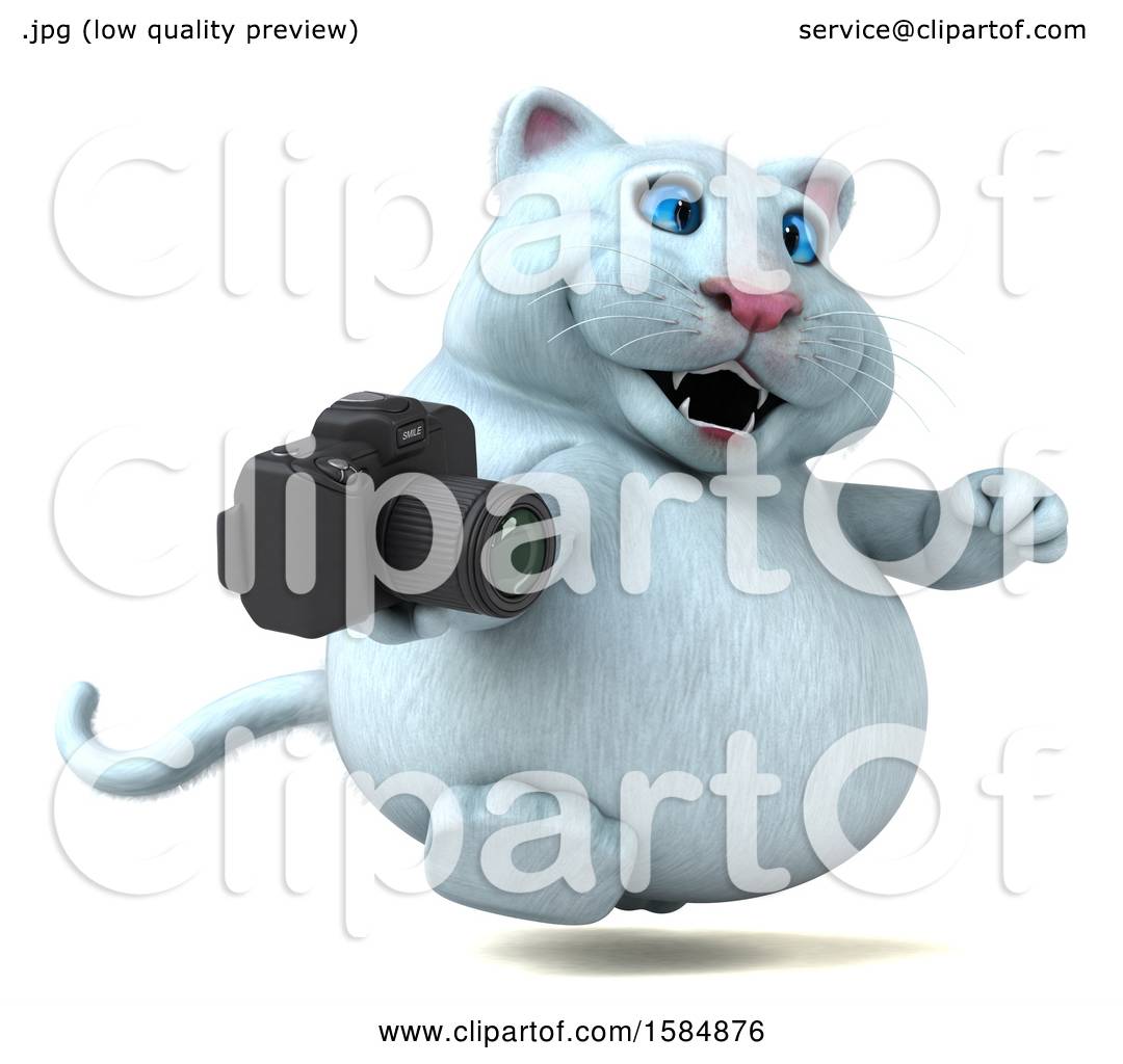 Clipart of a 3d  White Kitty Cat  Holding a Camera  on a 