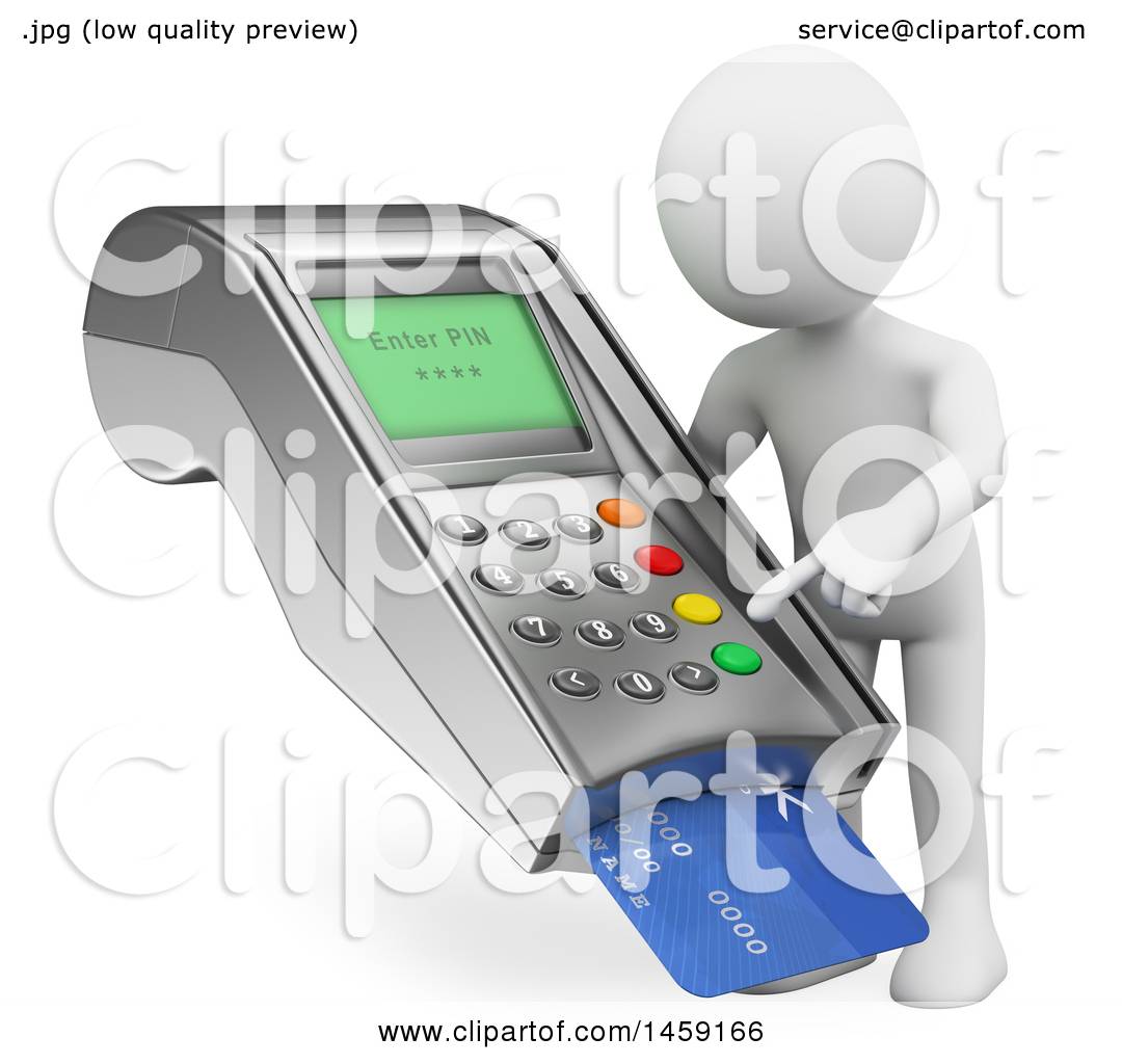 Clipart of a 3d White Man Using a Credit Card Machine, on