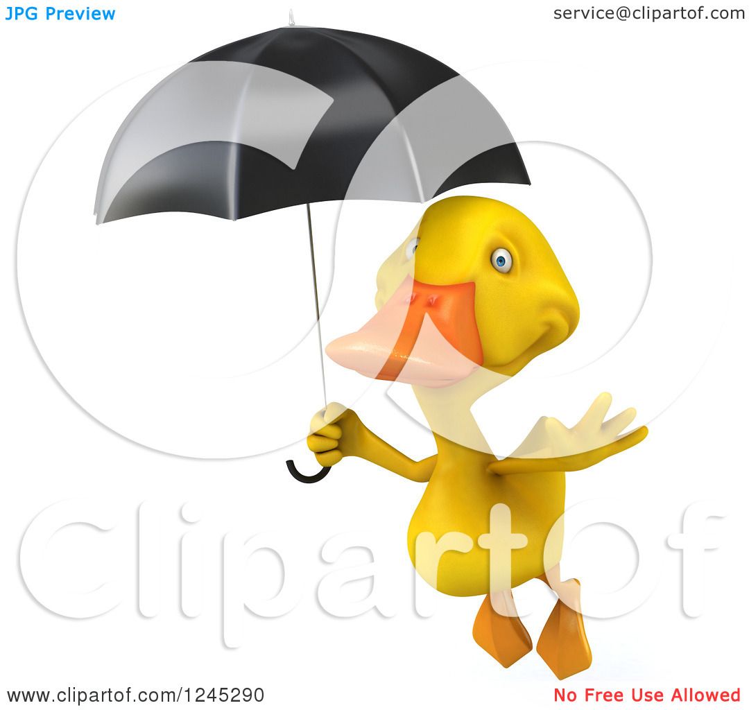 Clipart of a 3d Yellow Duck Flying with an Umbrella 3 - Royalty Free