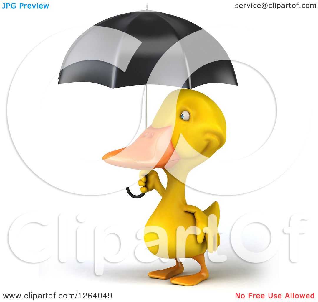 Clipart of a 3d Yellow Duck Under an Umbrella - Royalty Free Vector