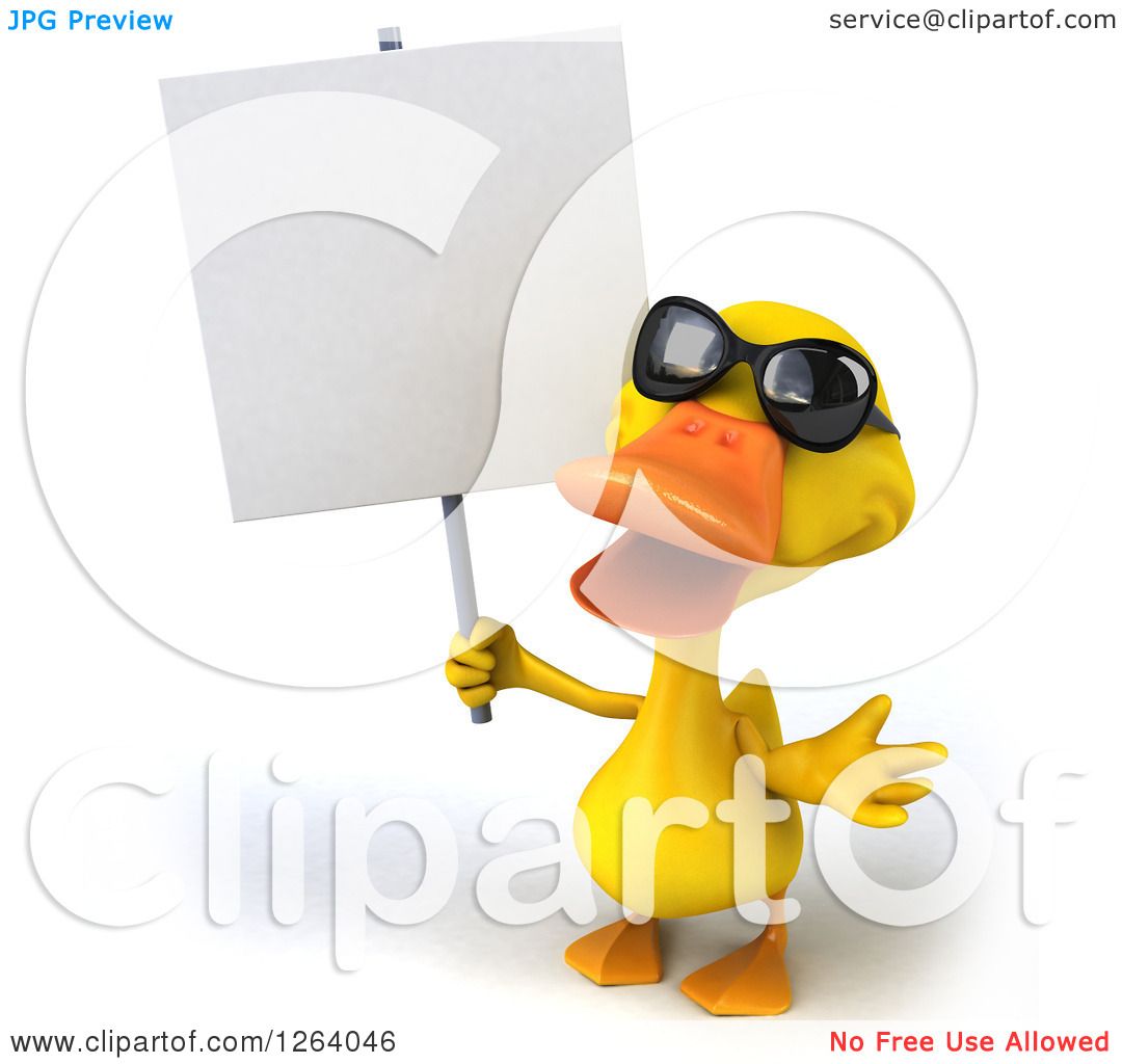 Clipart of a 3d Yellow Duck Wearing Sunglasses and Holding a Blank Sign ...