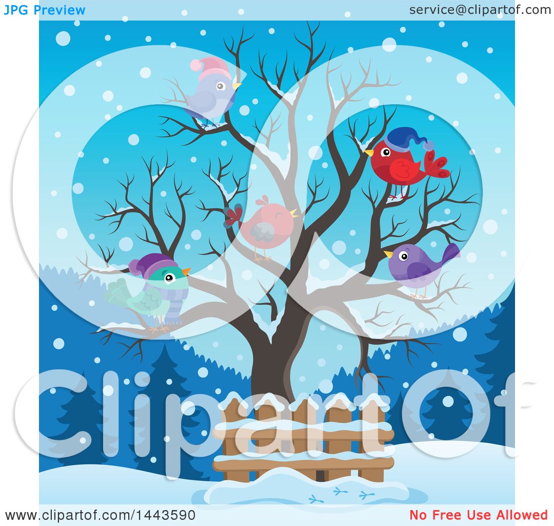 Download Clipart of a Bare Winter Tree with Busy Birds on a Snowy Evening - Royalty Free Vector ...