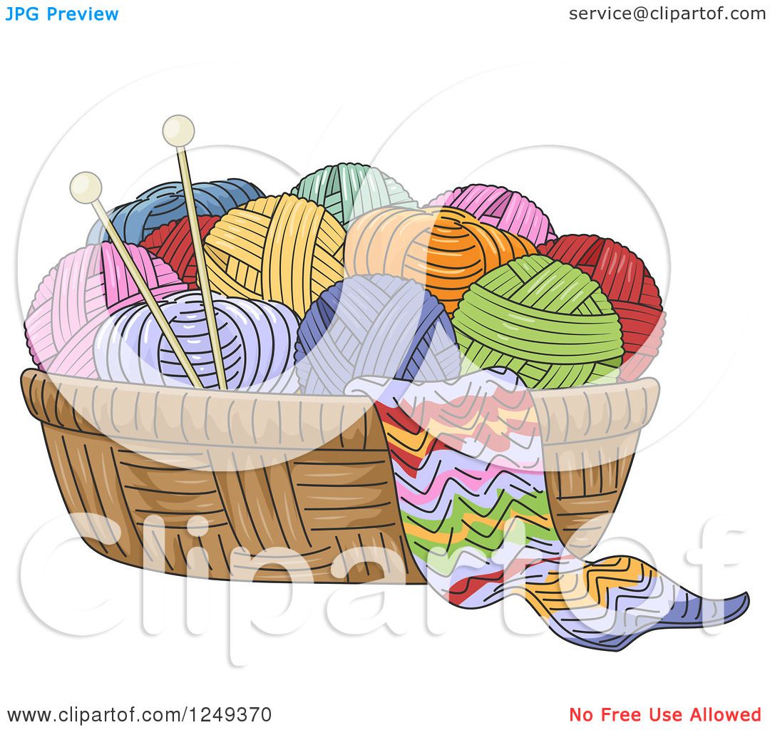 Clipart of a Basket of Yarn and Knitting Needles - Royalty Free Vector ...
