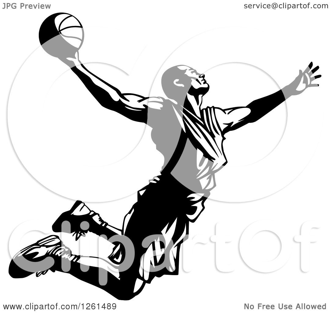 Clipart of a Black and White Basketball Player in Action - Royalty Free Vector ...