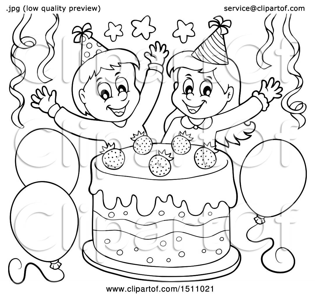 Clipart of a Black and White Boy and Girl Celebrating at a Birthday