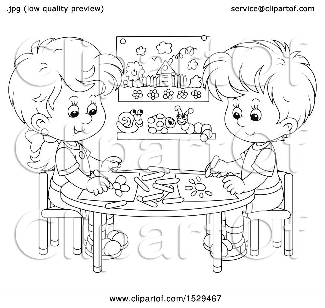 Clipart Of A Black And White Boy And Girl Coloring Pictures At A Table Royalty Free Vector Illustration By Alex Bannykh