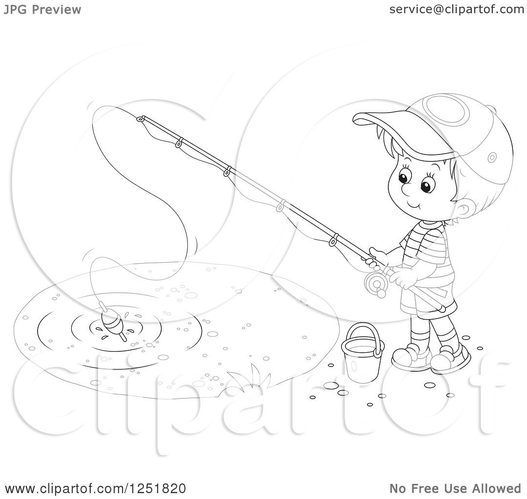 Clipart of a Black and White Boy Fishing - Royalty Free Vector Illustration  by Alex Bannykh #1251820