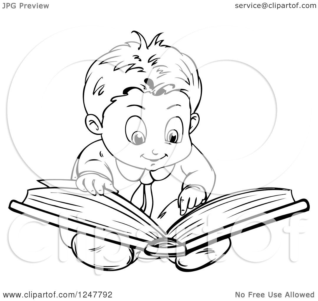 Clipart of a Black and White Boy Reading a Book on the ...
