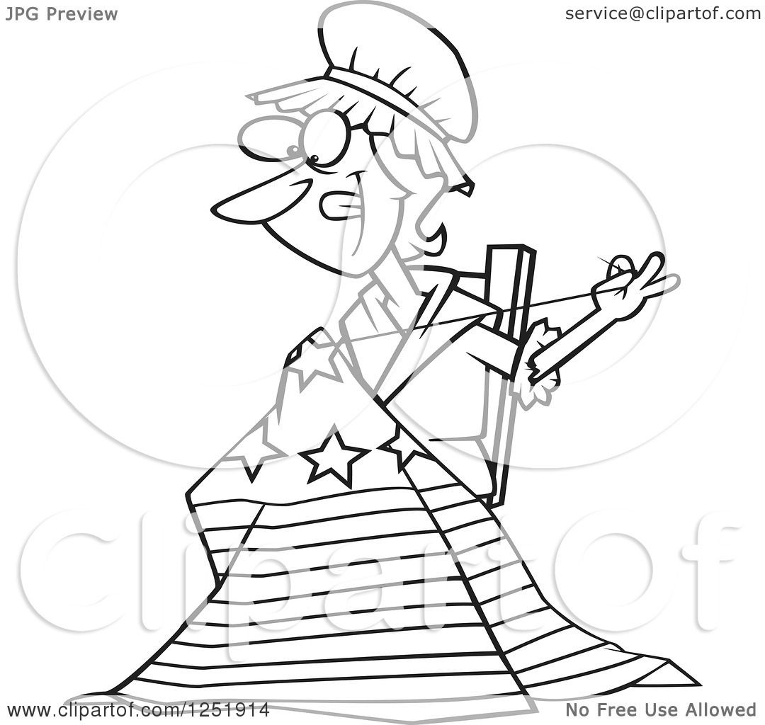 Clipart of a Black and White Cartoon Betsy Ross Sewing the First American Flag Royalty Free Vector Illustration by toonaday