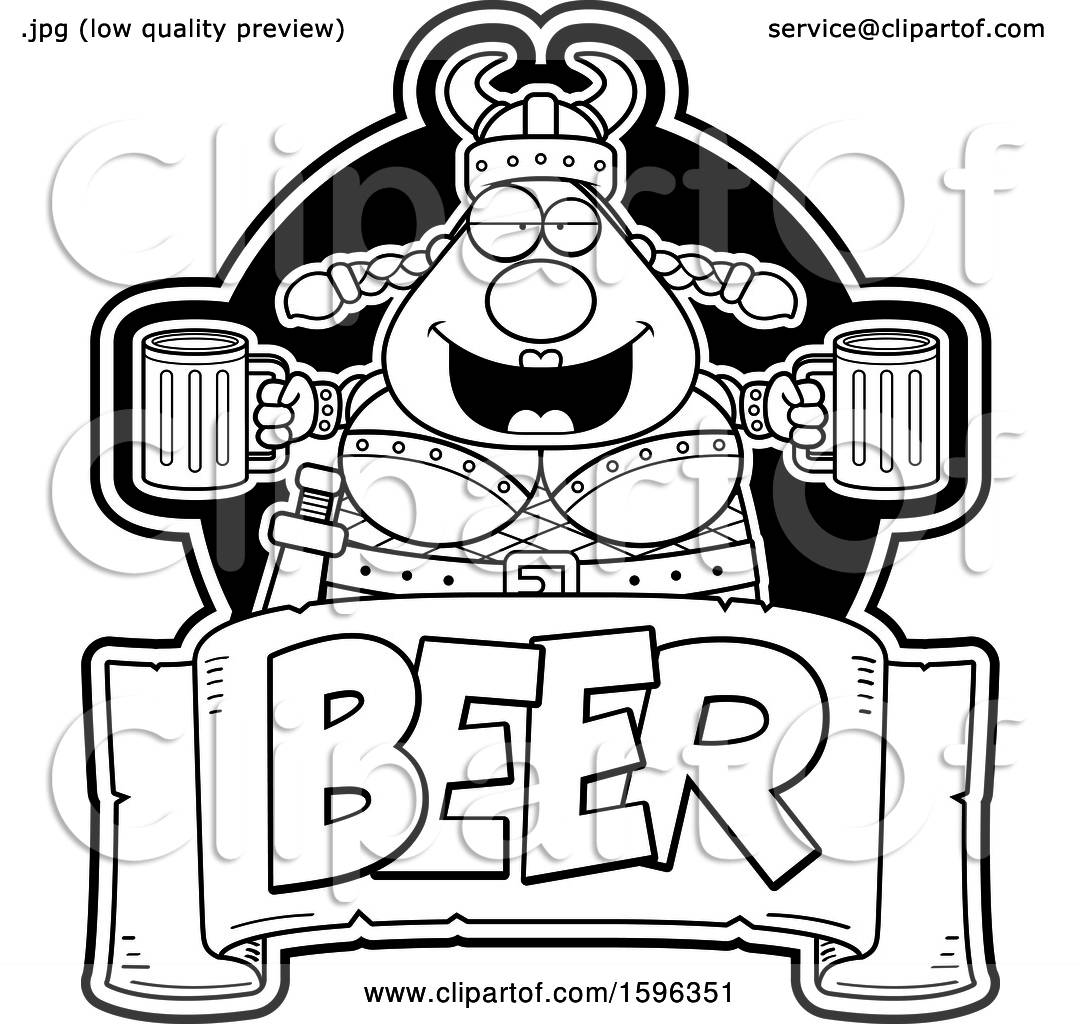 Clipart of a Black and White Chubby Female Viking Holding Beer Mugs ...