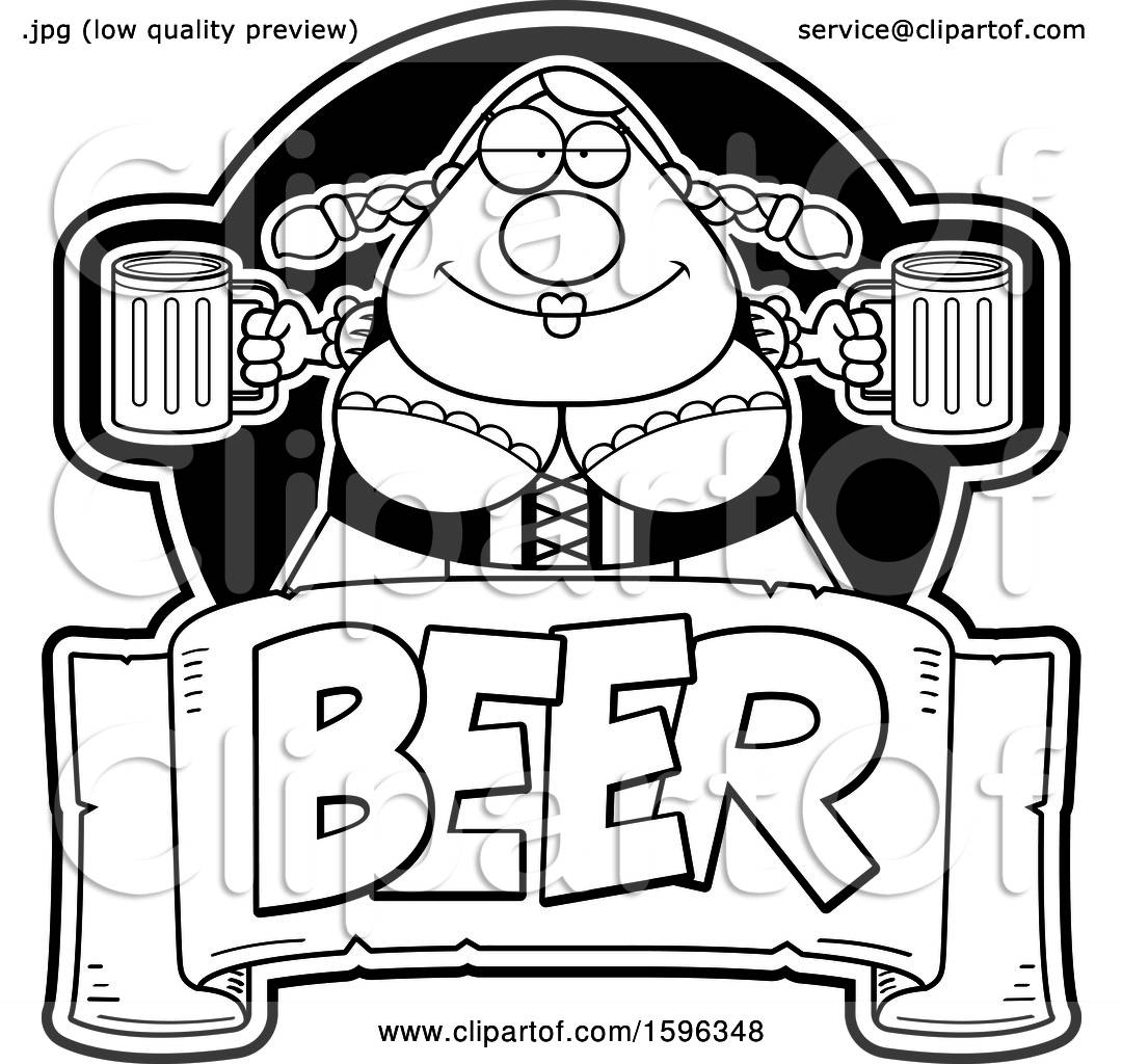 Clipart of a Black and White Chubby Oktoberfest Woman Holding Beer Mugs ...