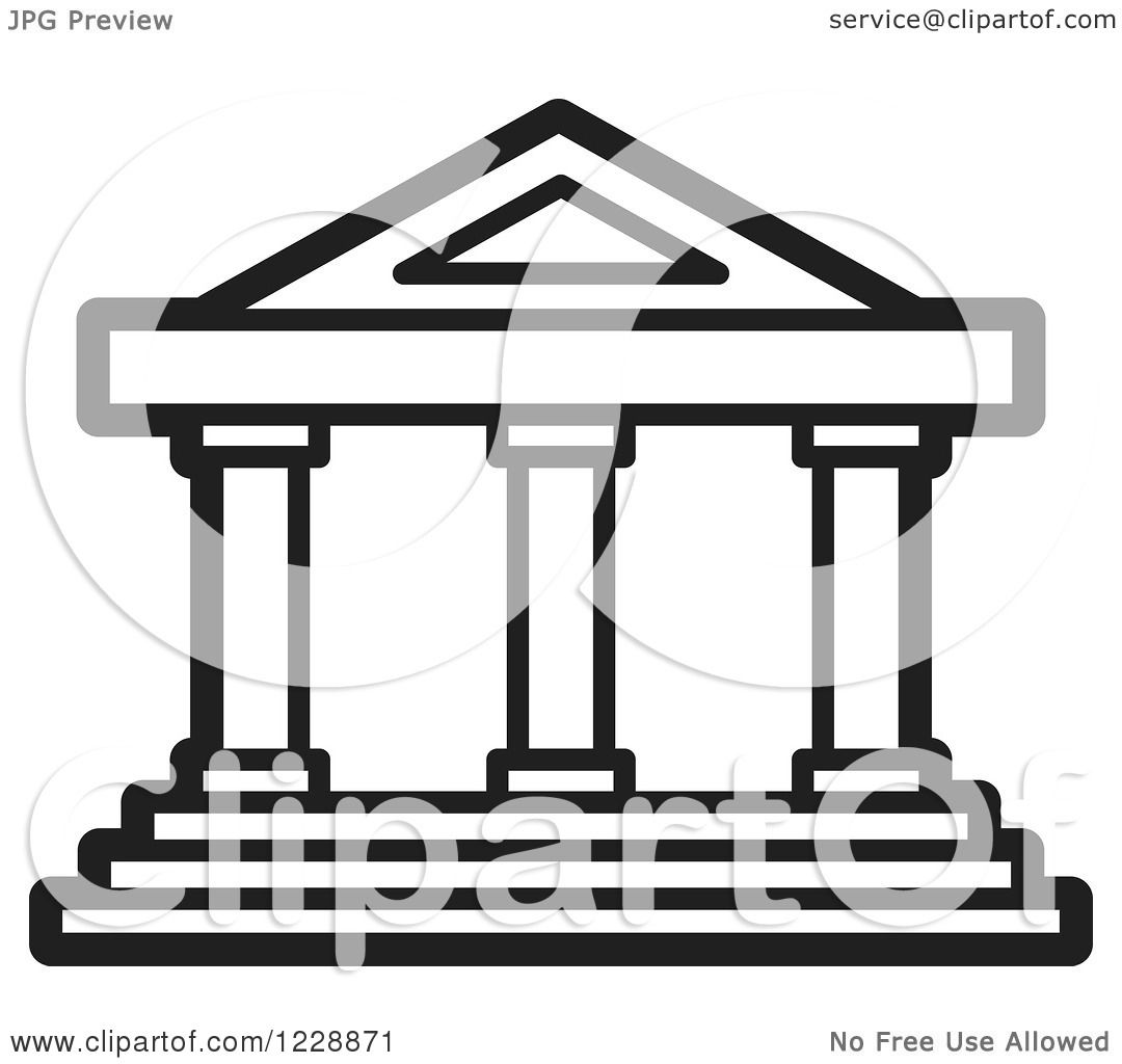 Clipart of a Black and White Court House Building Icon Royalty Free