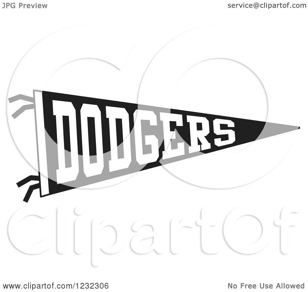 Clipart of a Black and White Dodgers Team Pennant Flag - Royalty