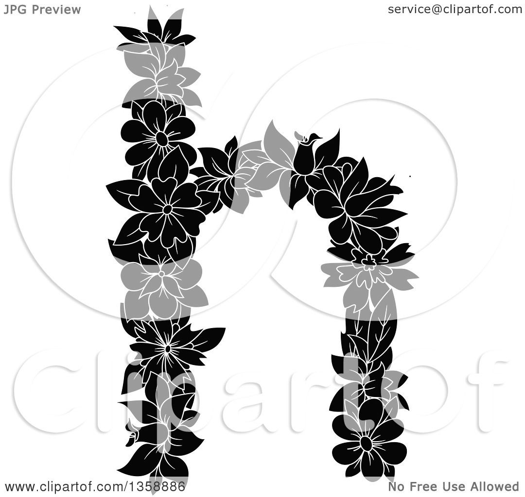Clipart Of A Black And White Floral Lowercase Alphabet Letter H
