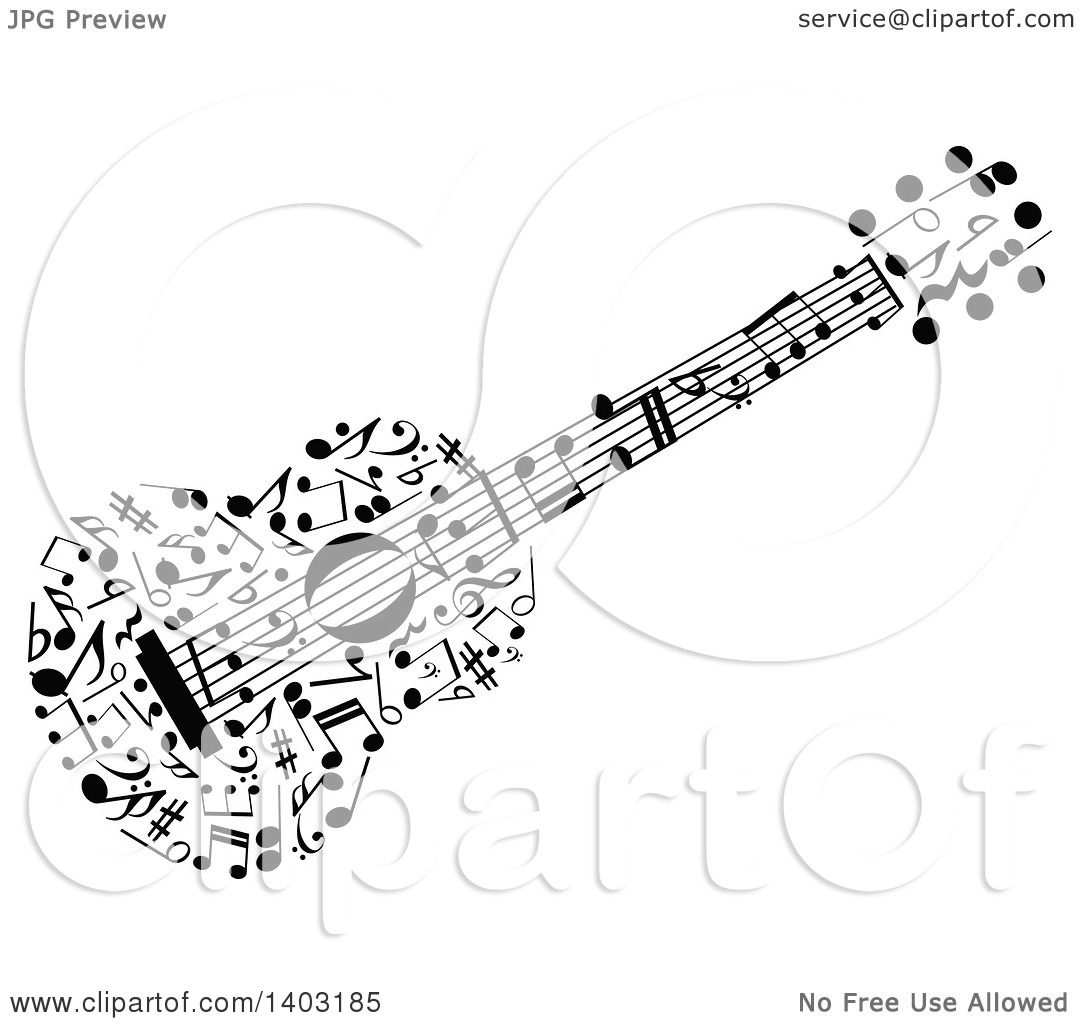 Clipart Of A Black And White Guitar Made Of Music Notes Royalty Free
