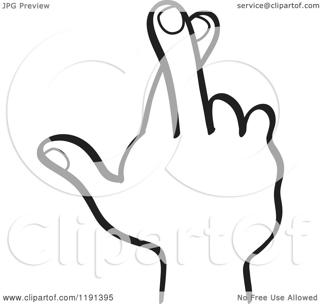 Clipart of a Black and White Hand with Crossed Fingers - Royalty Free